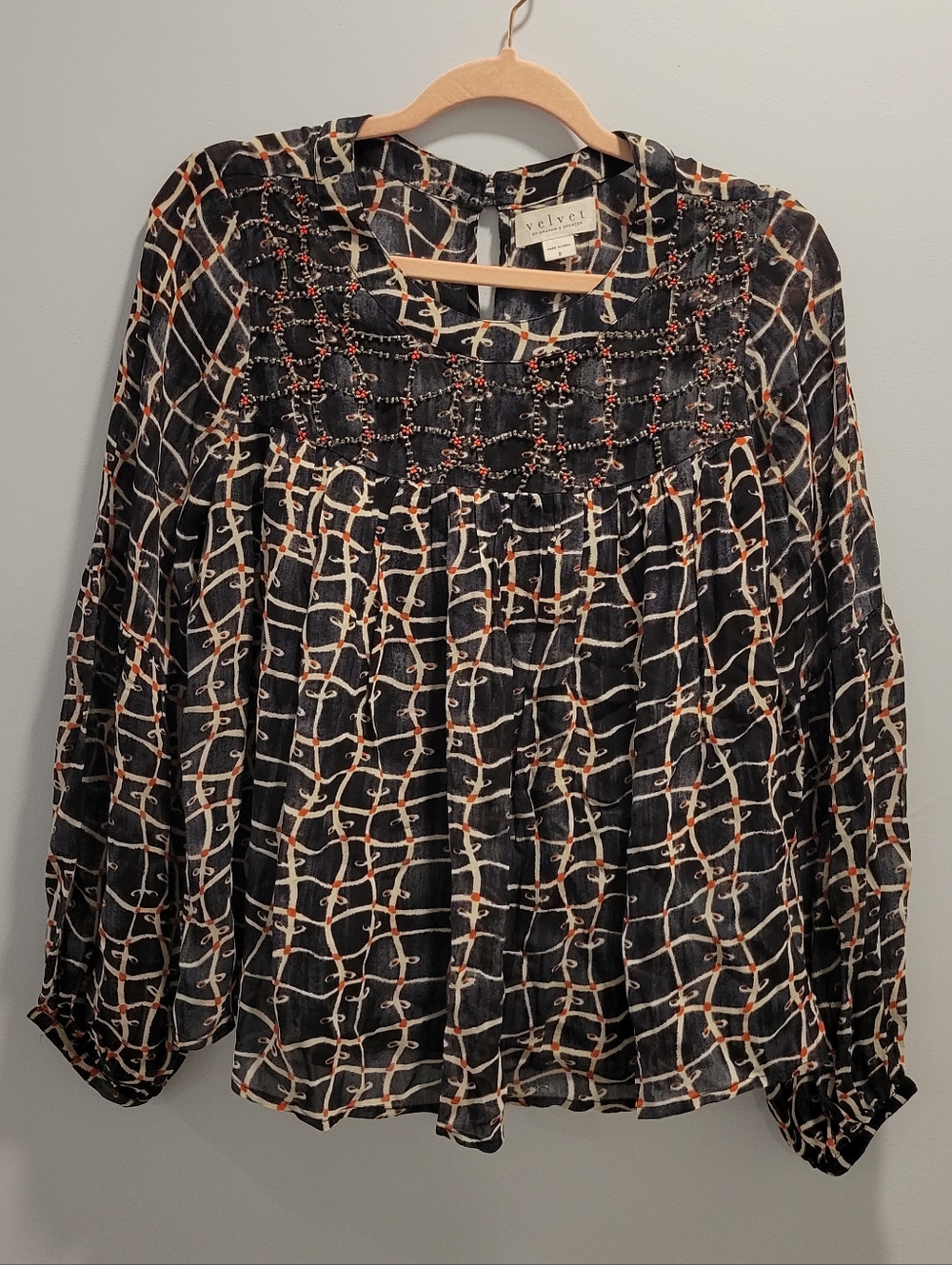 VELVET Eileen Fisher Black Patterned Long Sleeve Smocked Yoke Blouse Women SZ S